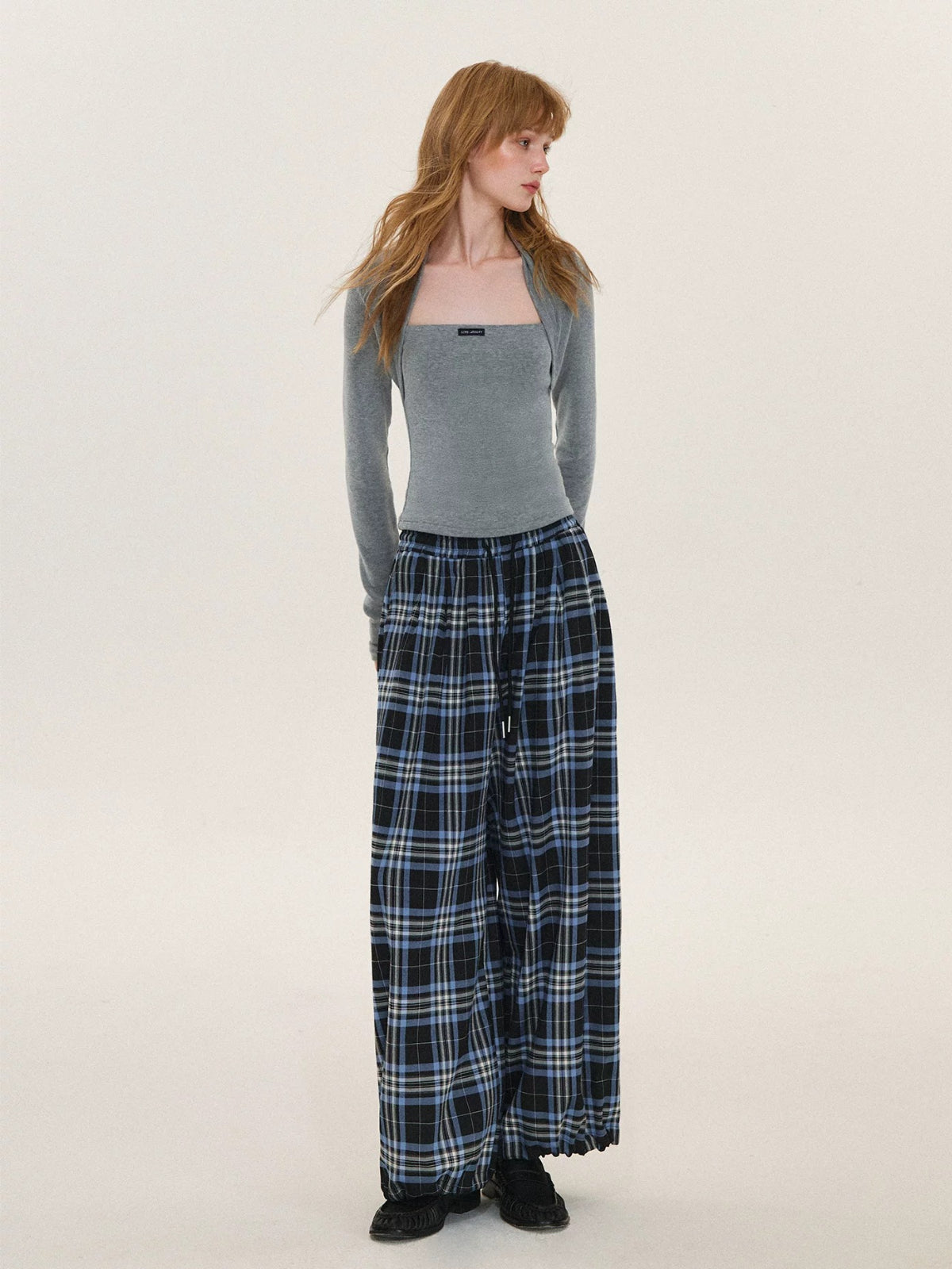 Vintage Plaid Drawstring Balloon Pants
