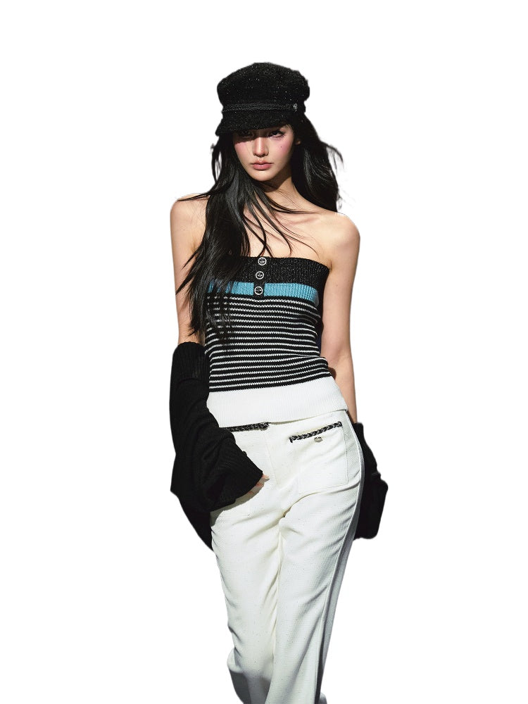 Colorblock Bustier Top &amp; Relaxed Wool-Blend Knit Cardigan Set