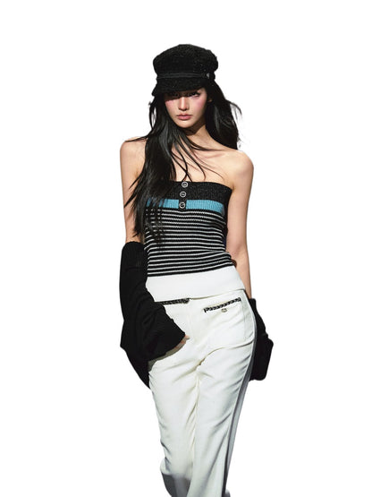 Colorblock Bustier Top &amp; Relaxed Wool-Blend Knit Cardigan Set