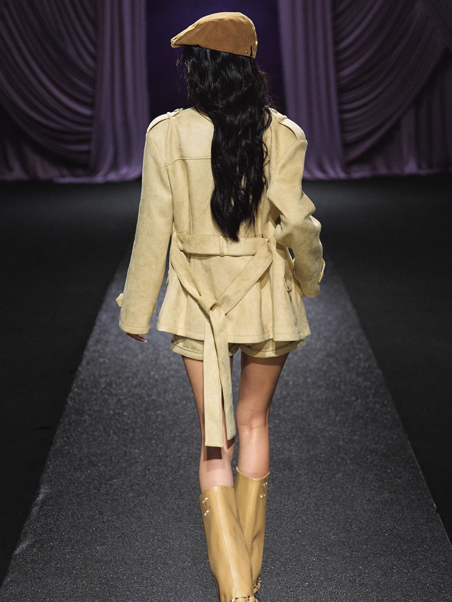 Velvet Suede Jacket &amp; Shorts Two-Piece Set