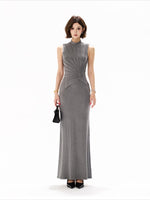 Deep Gray Sleeveless Pleated Knit Dress