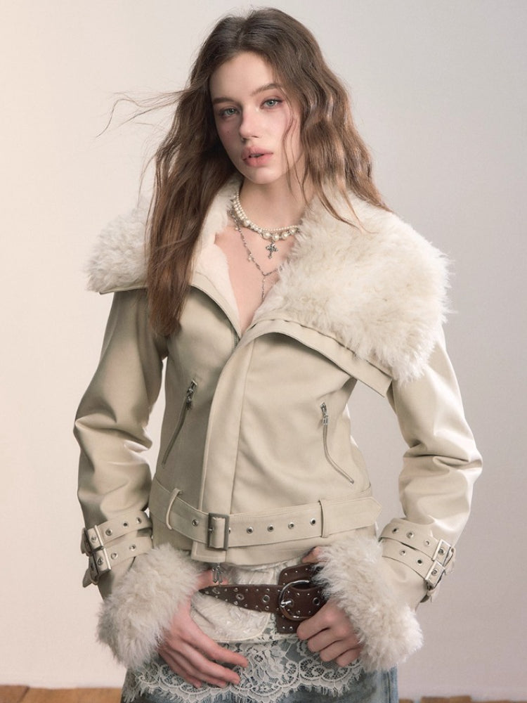 Faux Shearling Fur Collar Short Jacket