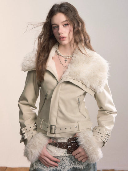 Faux Shearling Fur Collar Short Jacket