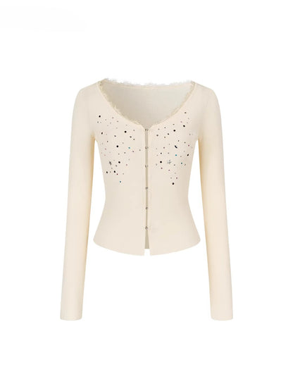 Rhinestone Lace Trim Cardigan