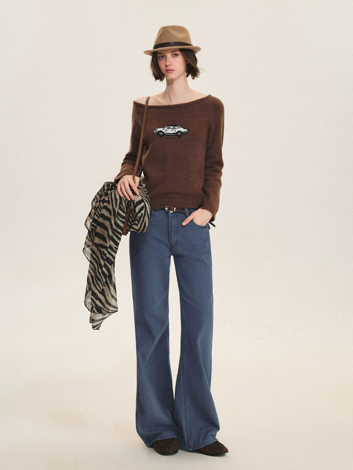 Car Motif Off Shoulder Sweater