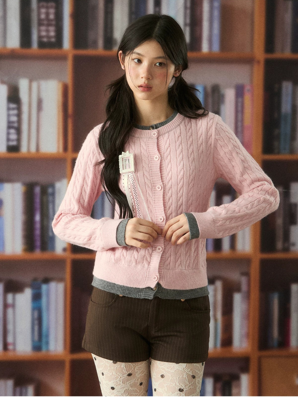 Soft Cable Knit Contrast Cardigan Sweater