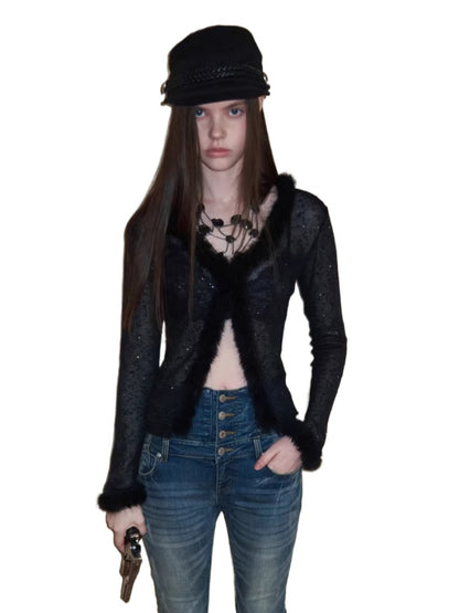 Sequin Knit V-neck Cardigan