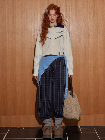 Contrast Collar Embroidered Knit Cardigan