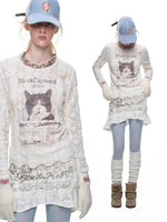 Cat Print Asymmetric Lace Set