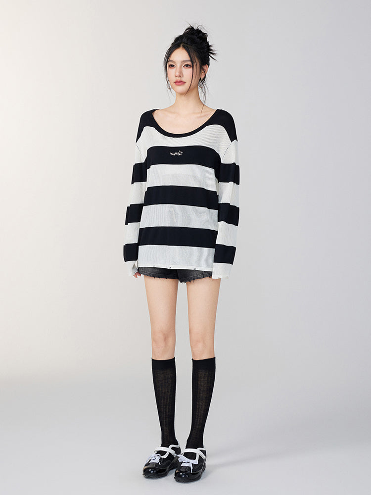 Hollow Stripe Oversized Sun Protection Shirt