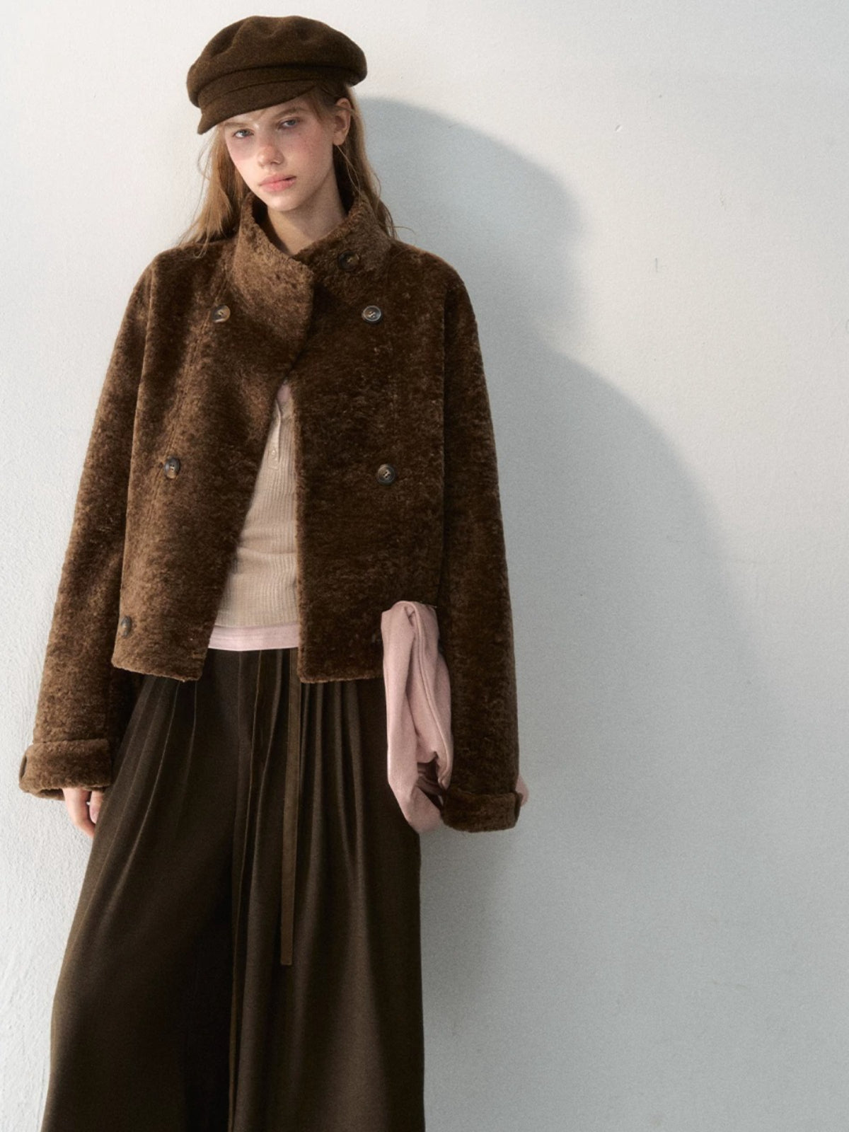 Stand Collar Cropped Fur Jacket