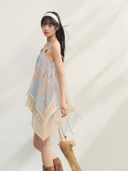 Irregular Beaded Strappy Printed Slip Dress
