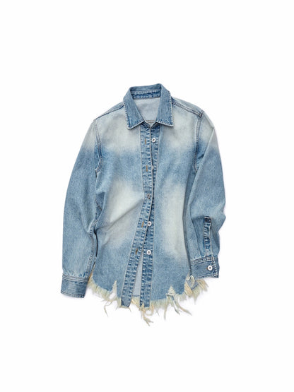 Vintage Washed Frayed-Edge Denim Shirt