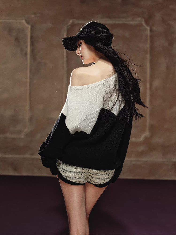 Contrast Off-Shoulder Wool Sweater