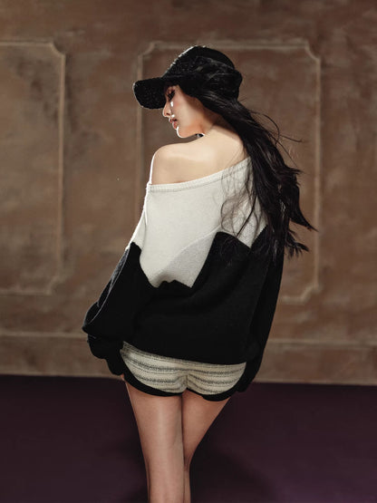Contrast Off-Shoulder Wool Sweater