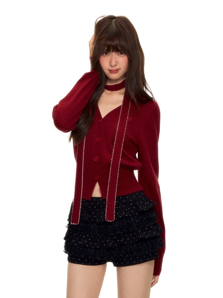 Vintage Red V-neck Knit Cardigan