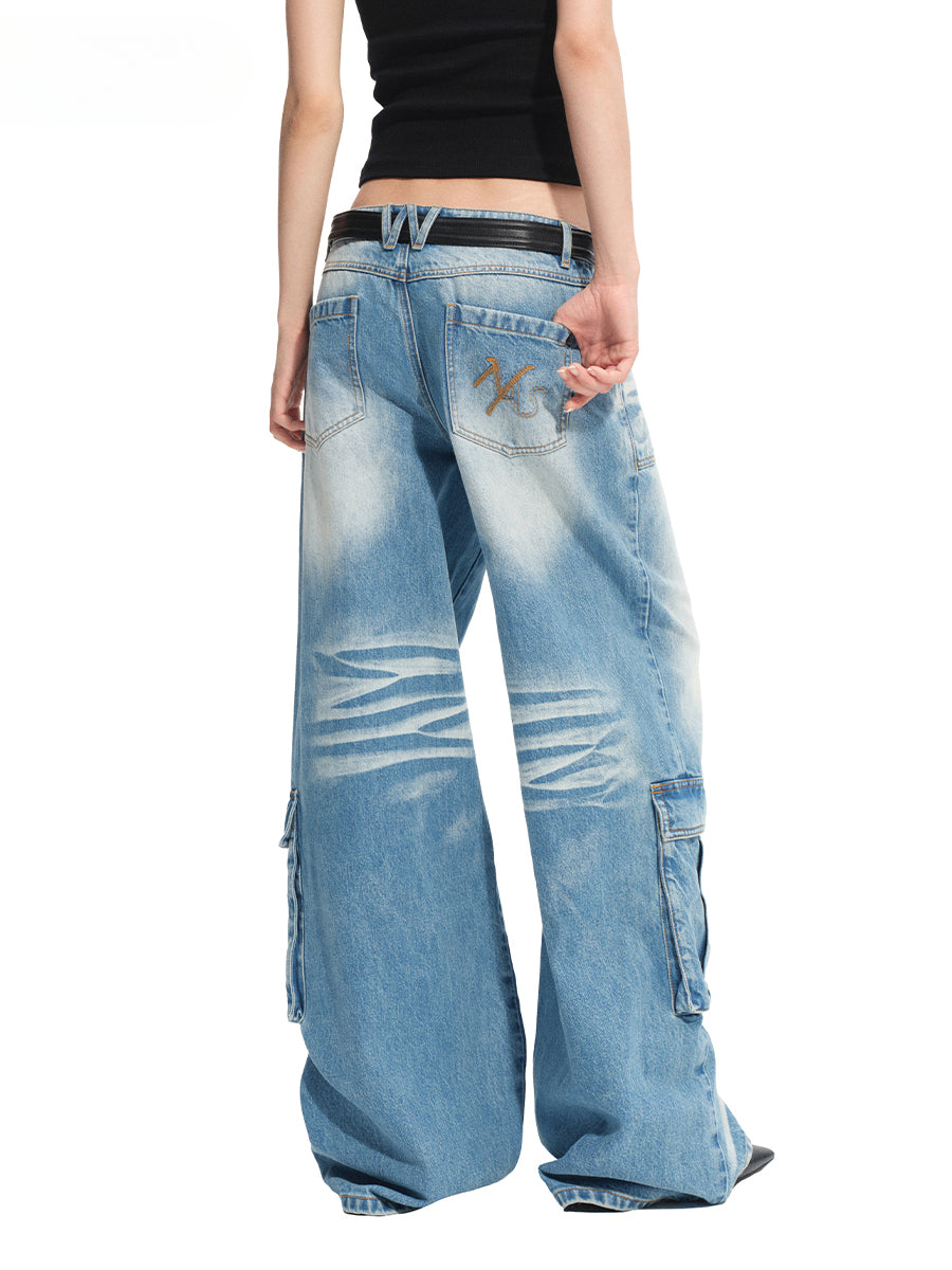 Washed Twill Denim Whisker Wide-leg Jeans