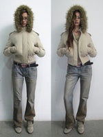 Detachable Faux Fur Ribbed-Waist Down Jacket