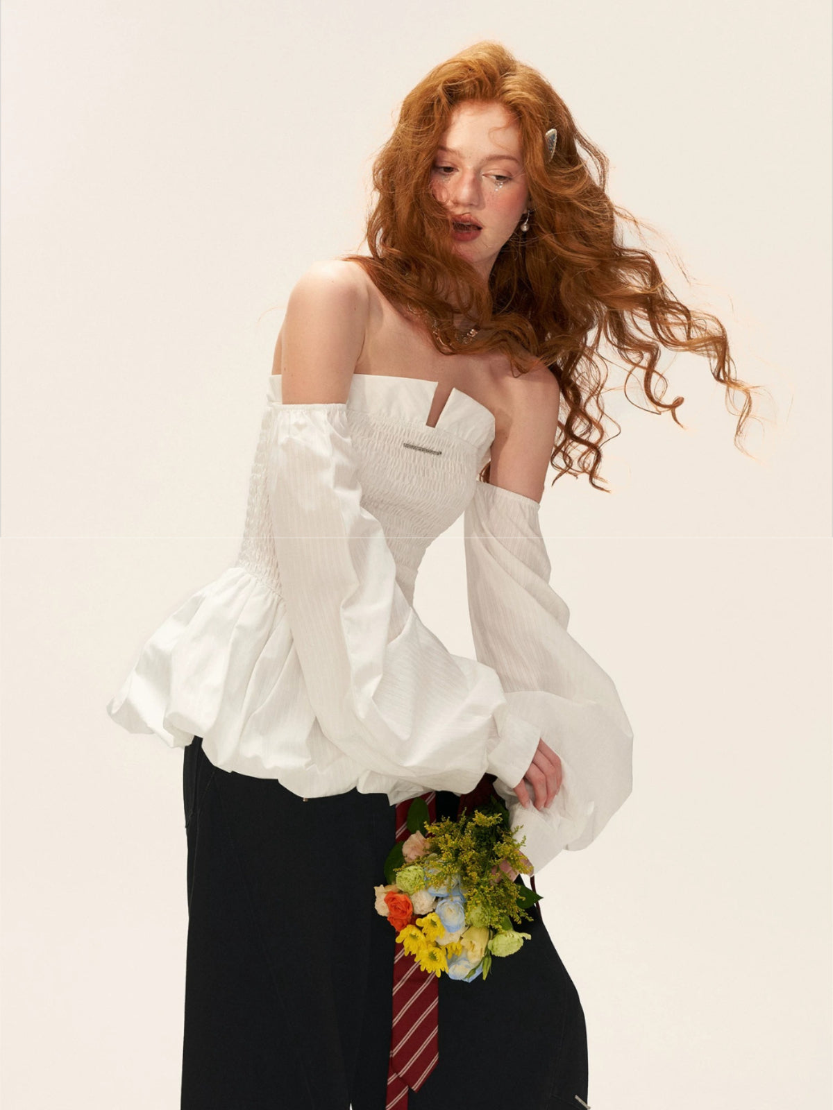 Striped Shirred Bustier Puff Sleeve Dress