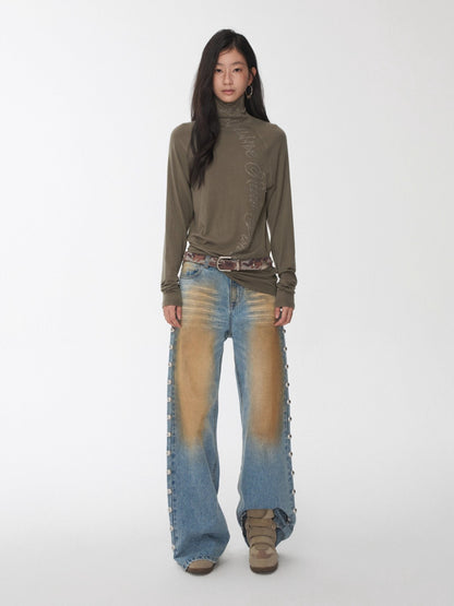 Rhinestone High Neck Raglan Knit Top