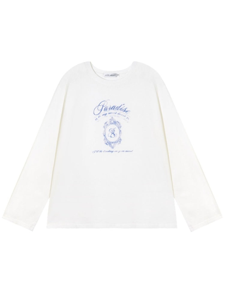 White Crew-Neck College Print Long-Sleeve T-Shirt
