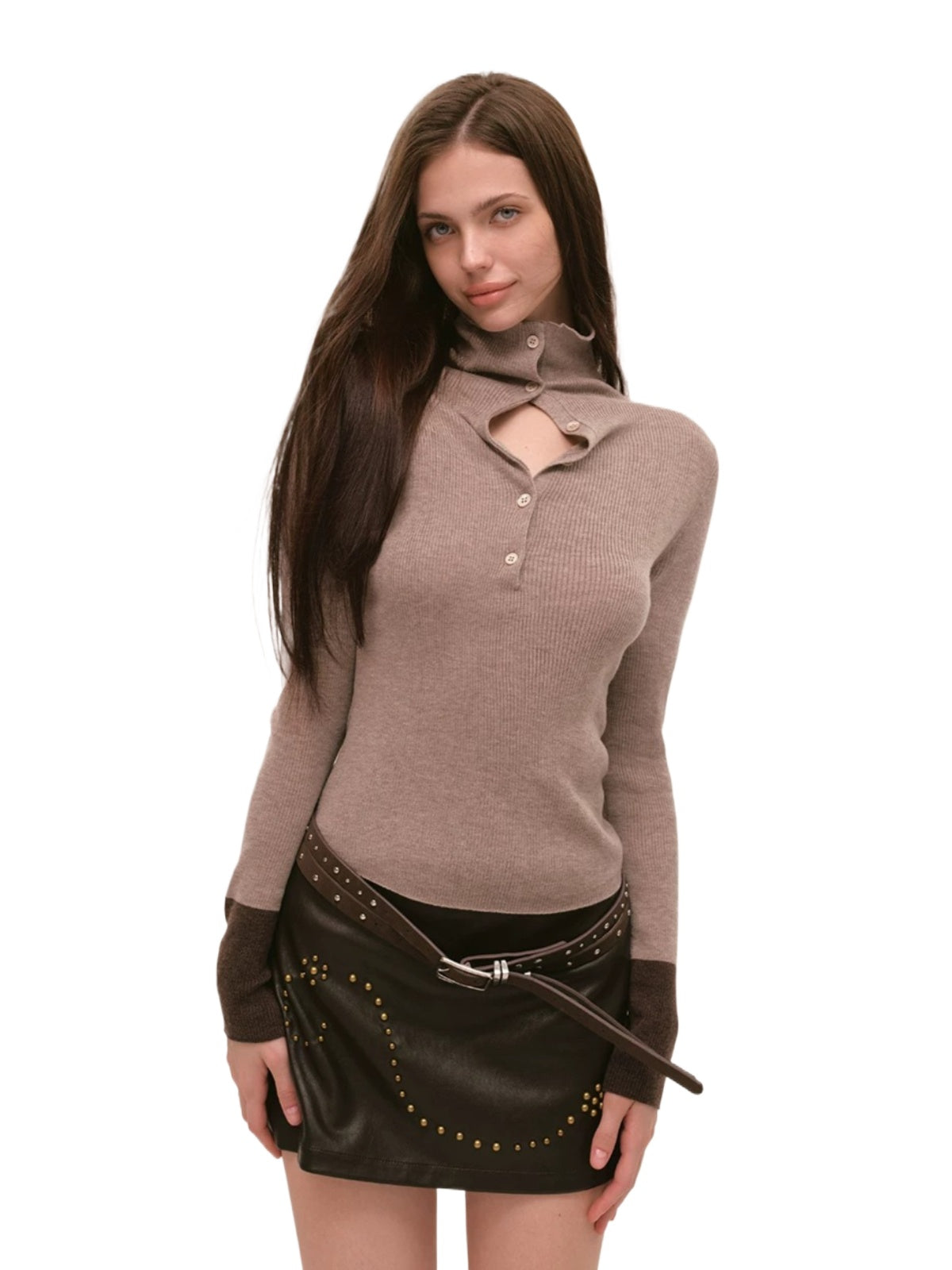 Contrast Cuff Button Neck Sweater
