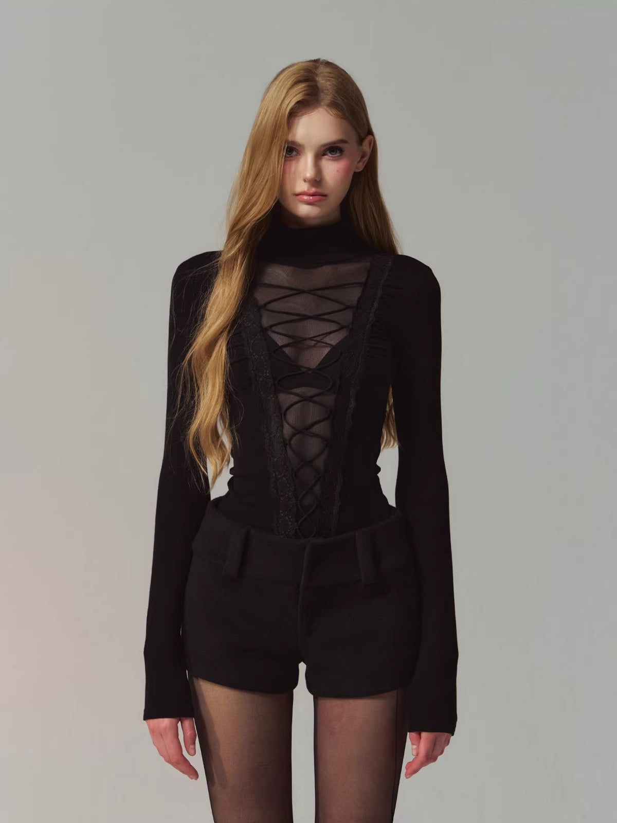 Lace Panel Mesh Laced Knit Top