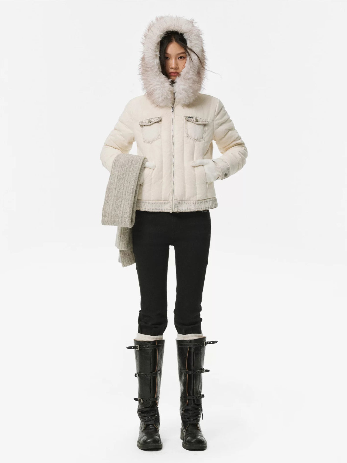 Denim Trim Fur-Collar Down Jacket