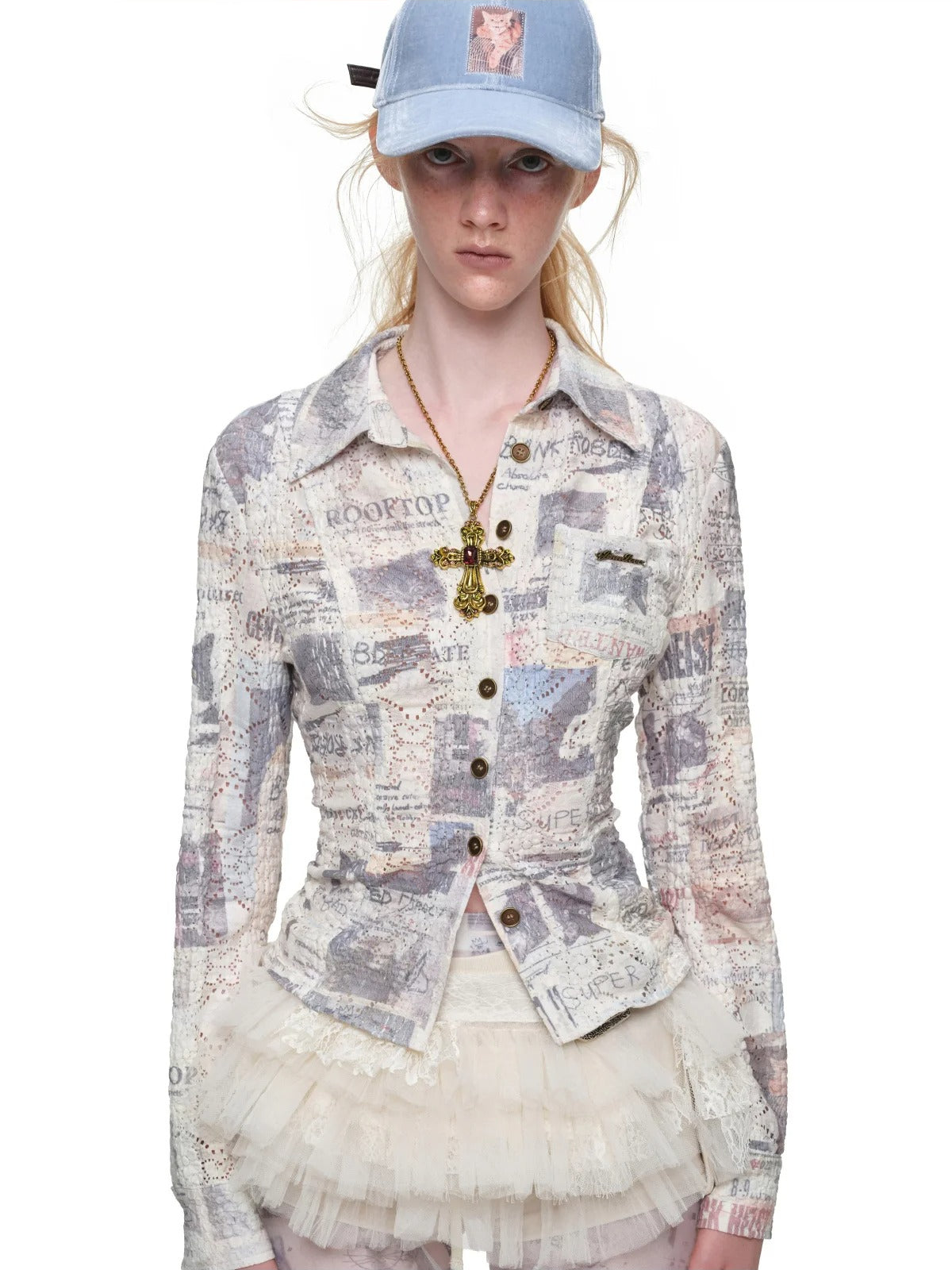Cat Newspaper Print Lace Shirt