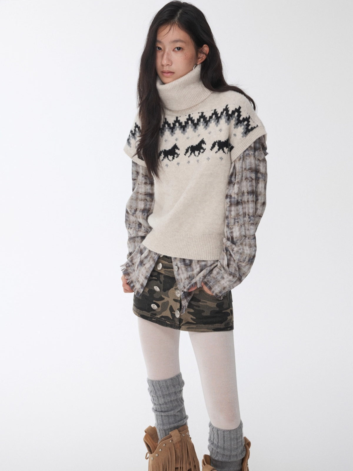 Fair Isle Pony Jacquard Turtleneck Knit Sweater