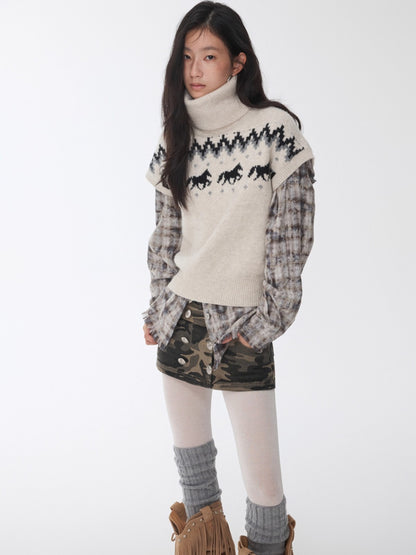 Fair Isle Pony Jacquard Turtleneck Knit Sweater