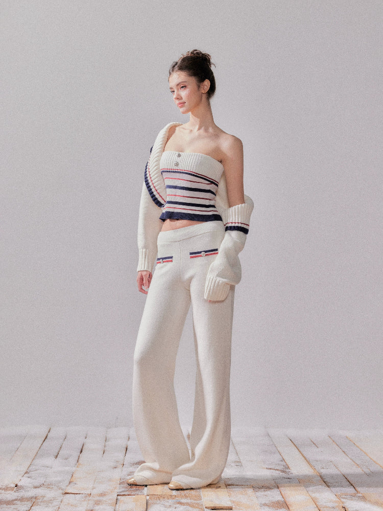 Striped Oversized Collar Knit Cardigan and Pants Set