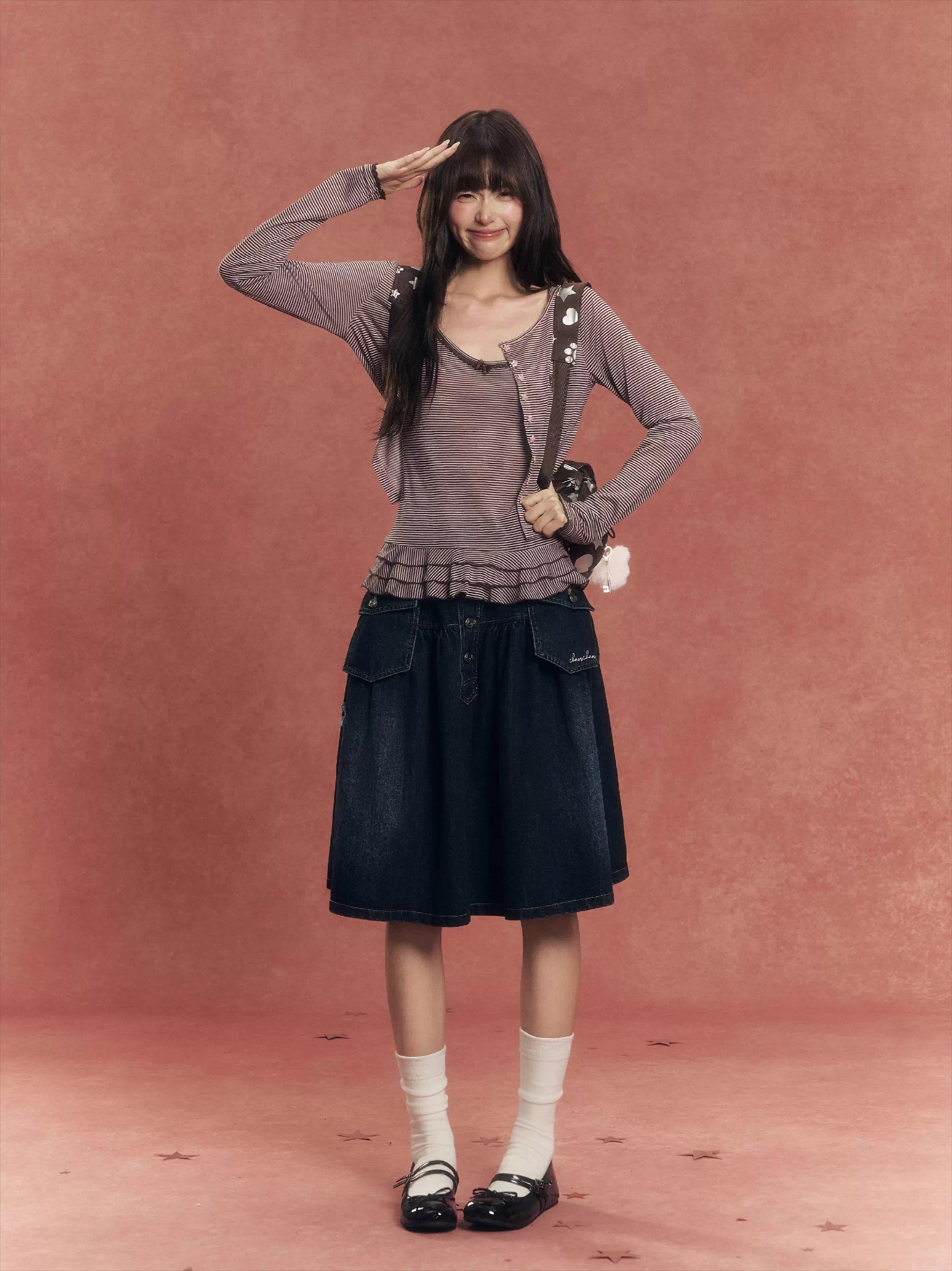 Lyocell Stripe Cardigan &amp; Lace-Trim Cami Set
