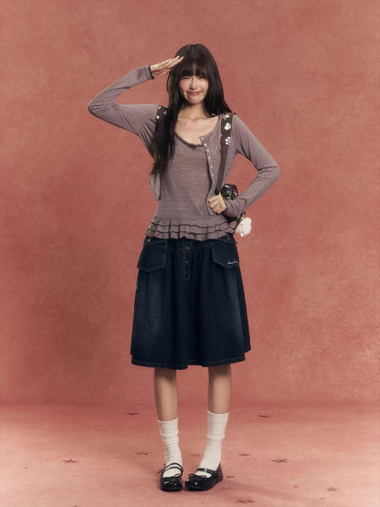 Lyocell Stripe Cardigan &amp; Lace-Trim Cami Set