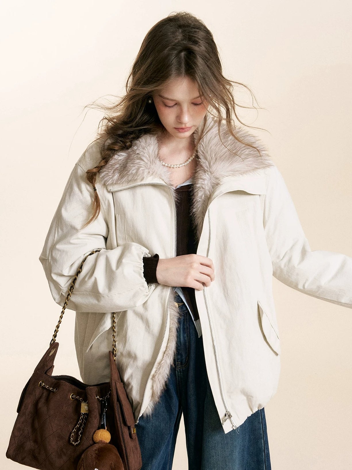Brown &amp; White Fur Collar Parka Jacket