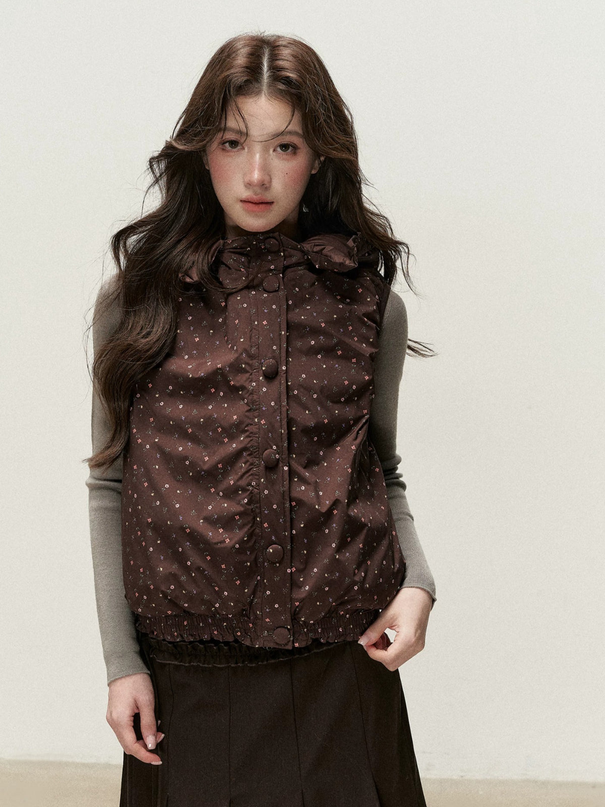 Reversible Floral Detachable Hood Down Vest