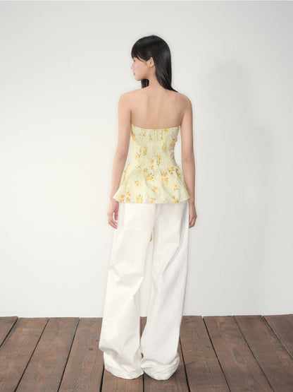 White Lace Splicing Denim Wide-Leg Pants