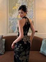 Black Gold Jacquard Halter Qipao Dress
