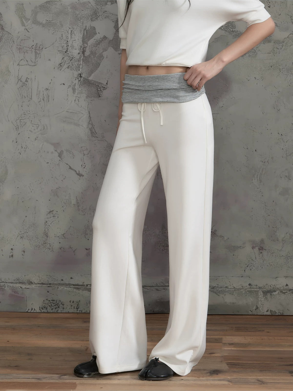 Contrast Waist Wide Leg Pants