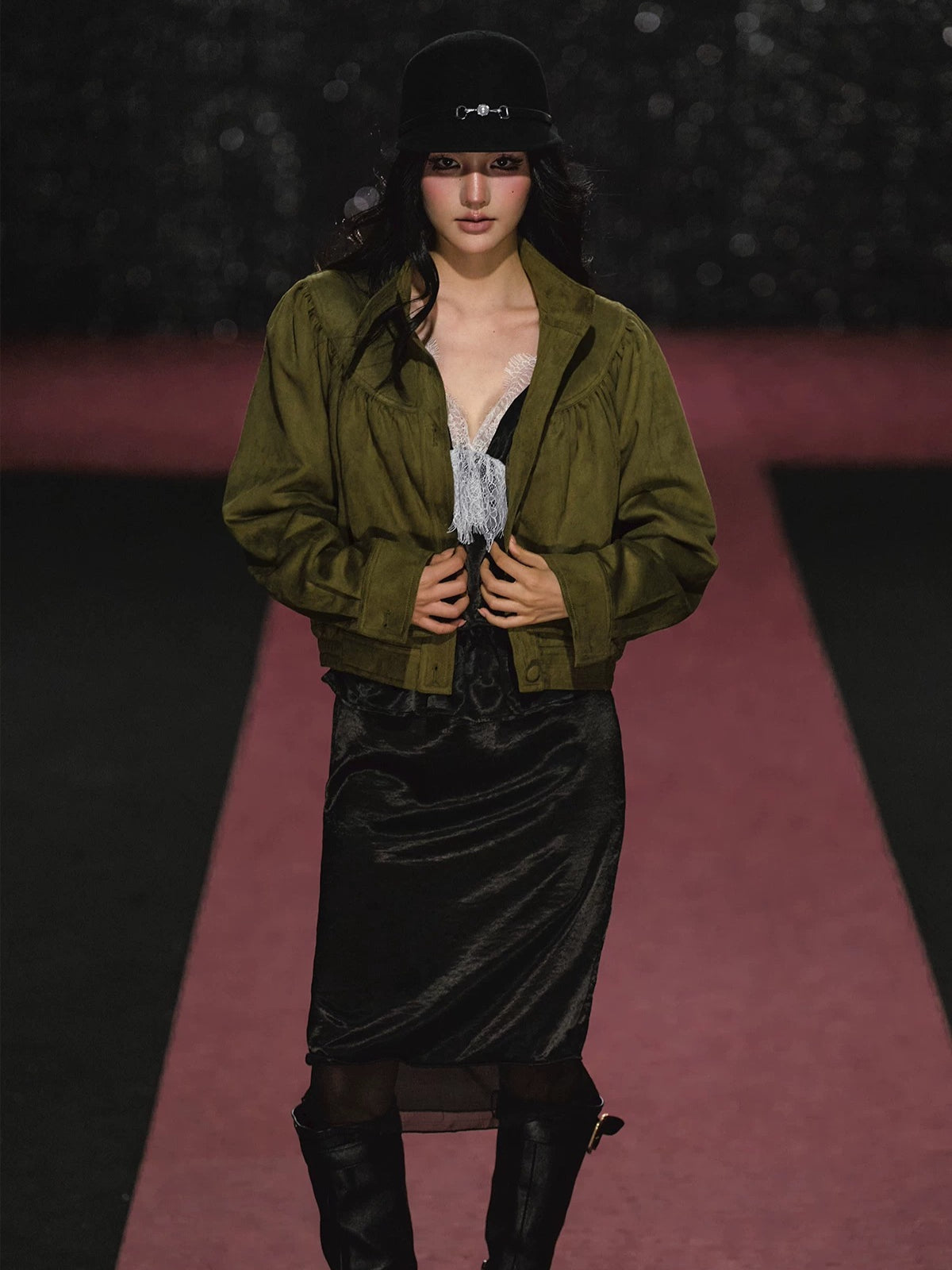 Ruched Stand Collar Faux Suede Jacket