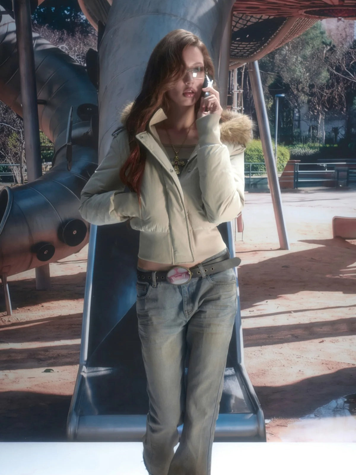 Detachable Faux Fur Ribbed-Waist Down Jacket