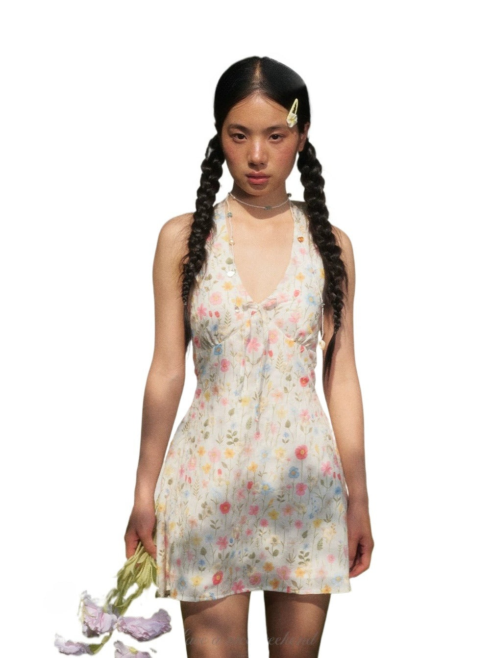 Floral Halter V-neck Mini Dress