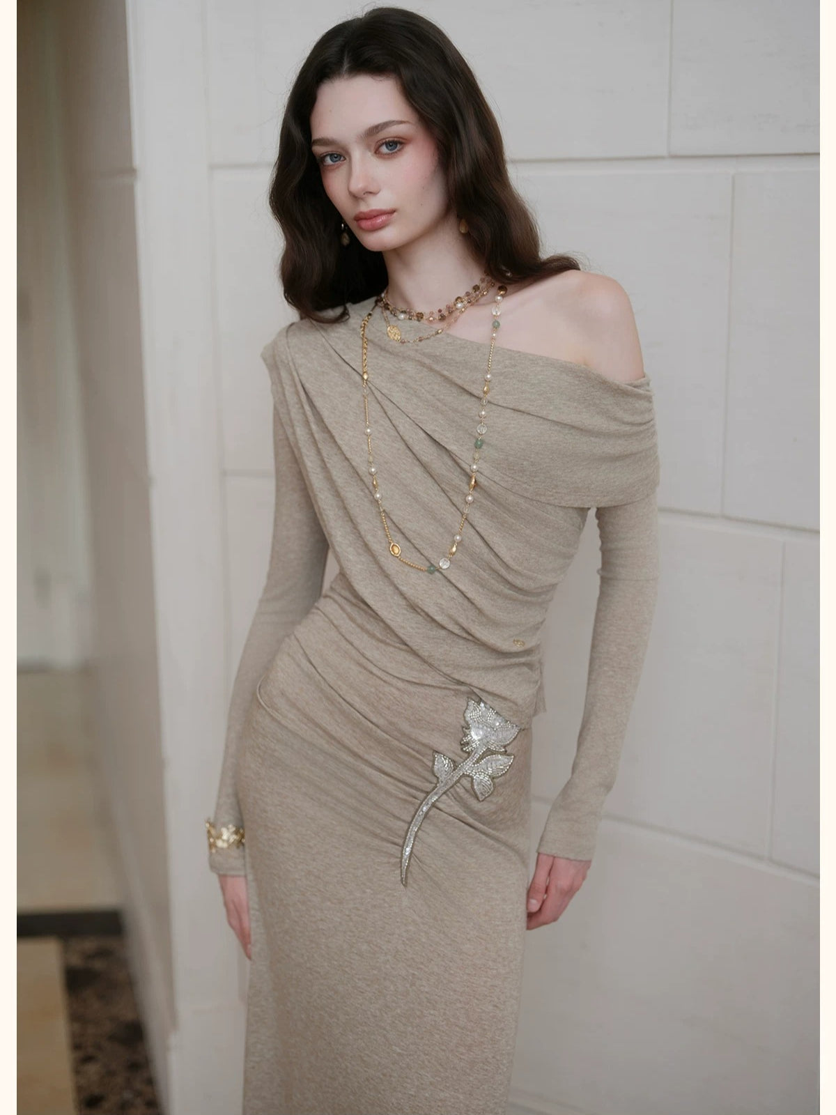 Asymmetric Off-Shoulder Wool Dress