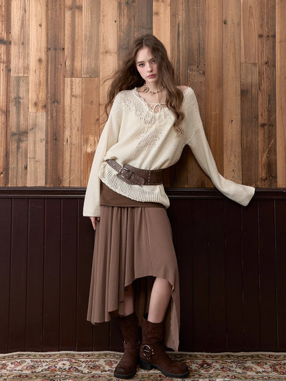 Apricot Lace Trim Knit V-Neck Sweater