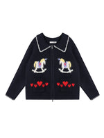 Contrast-Trim Horse Jacquard Knit Zip Cardigan