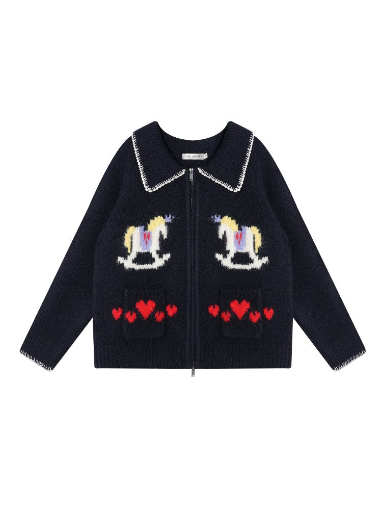 Contrast-Trim Horse Jacquard Knit Zip Cardigan