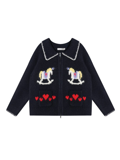Contrast-Trim Horse Jacquard Knit Zip Cardigan