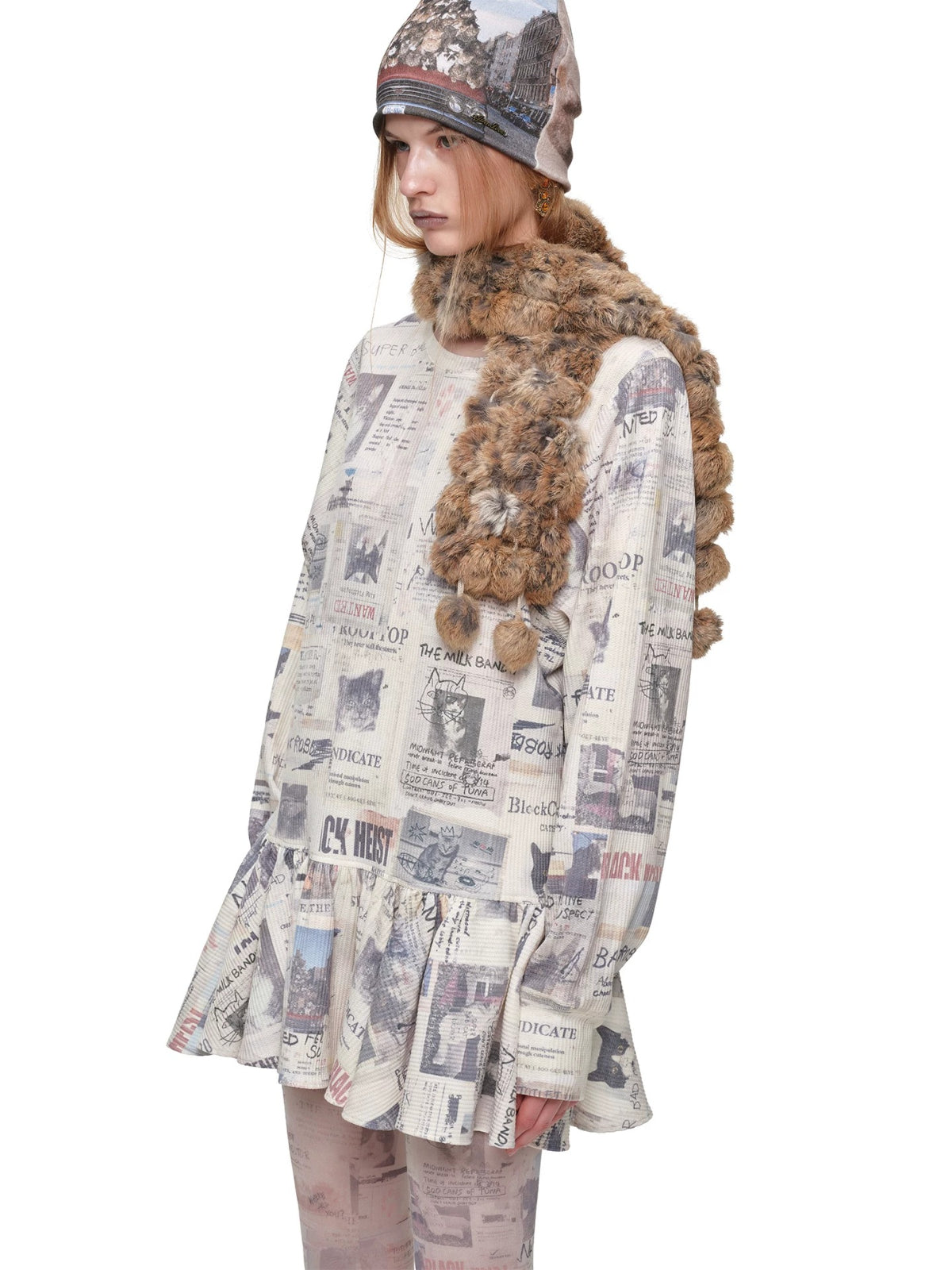 Cat Newspaper Ruffle Waffle Dress