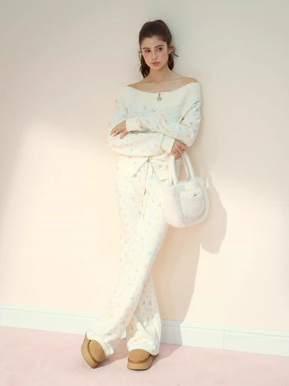 Floral Bear Bunny Off-Shoulder Sweatshirt &amp; Pants Set