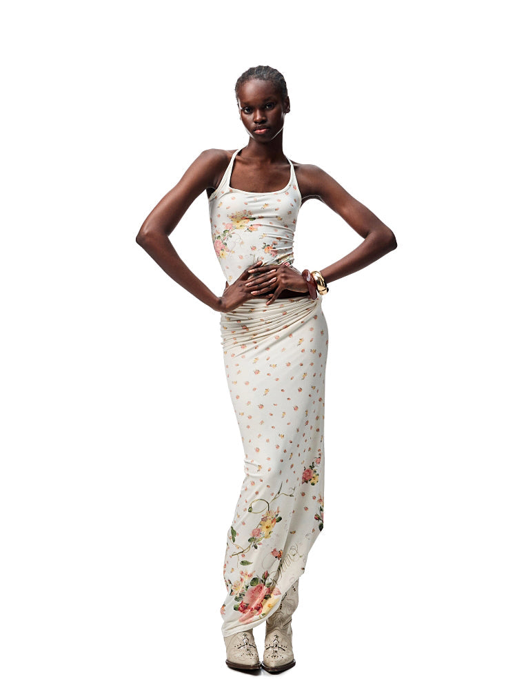 Floral All-Over Printed Big Round Neck Knotted Tank Top